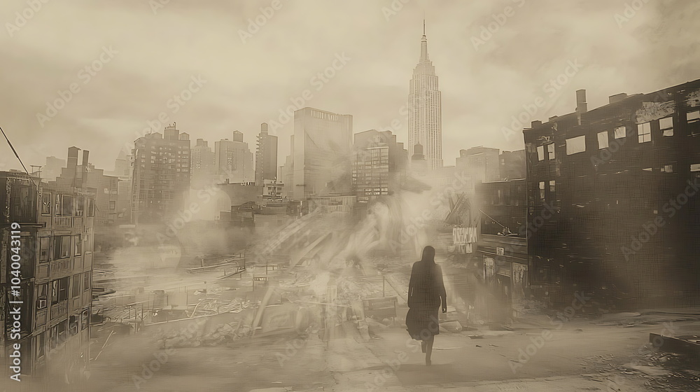 Poster exploring the enigmatic fog a solo journey through an urban landscape captured in a dreamlike atmosp