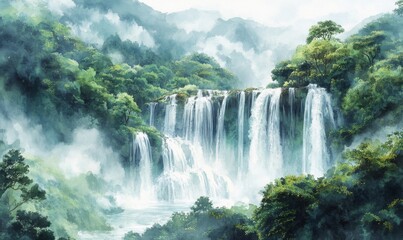Watercolor Shifen Taiwan Waterfalls National Park Beautiful waterfalls, abundant, many foreigners come to visit