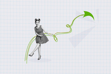 Composite photo collage of happy pinup girl wear dotted dress dance promotion arrow career success growth isolated on painted background
