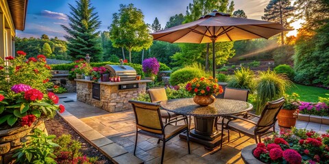 Obraz premium Inviting Outdoor Living Space with Grill, Umbrella, and Lush Landscaping for Relaxation and Entertainment