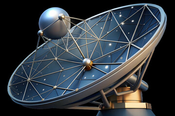 Close Up Satellite Dish Starry Sky Macro Shot Focusing Data Lines Global Network Ample Copy Space Photo Stock Concept - Symbolizing Satellites' Role in Data Connectivity.