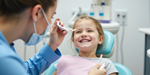 Child at the dentist, checking the health of the oral cavity in children and maintaining dental health