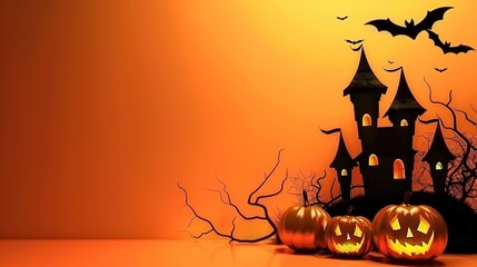 Halloween Castle Pumpkin Lantern Bat - a spooky and vibrant visual. The orange background sets the perfect mood for Halloween festivities.