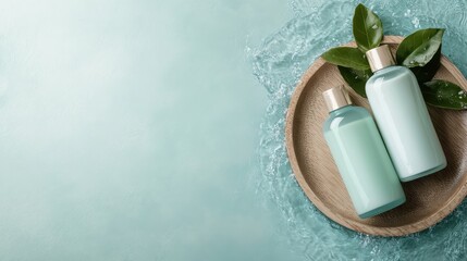 Aesthetic arrangement of two mint-colored bottles accompanied by fresh leaves and set on a textured wooden tray, surrounded by water flowing for a refreshing look.