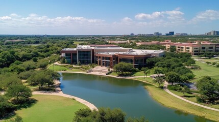 Fototapeta premium Scenic View of Modern Building by Tranquil Lake