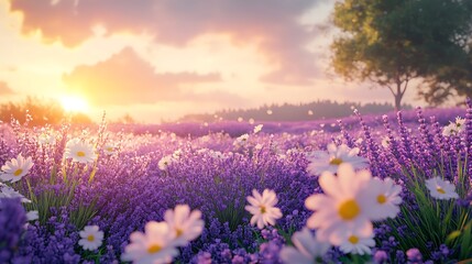 Naklejka premium A peaceful lavender garden with vanilla and chamomile blossoms, soft sunlight creating a gentle glow, calm breeze gently moving the flowers, capturing the essence of relaxation and tranquility,