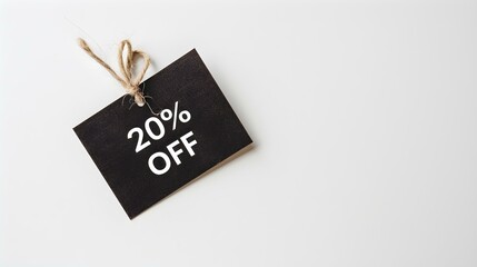 White '20% OFF' Text on a Dark Brown Square Paper Note. White Background with Copy Space