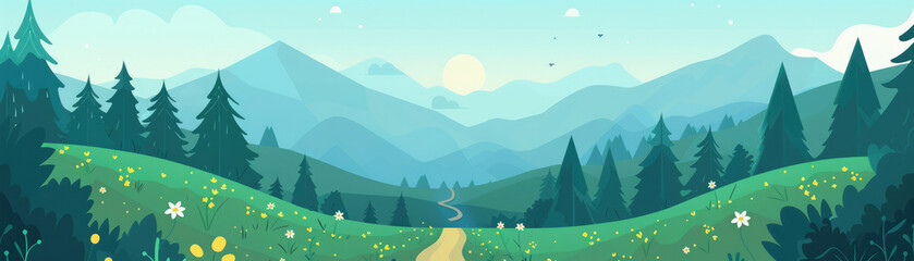 A serene landscape featuring rolling hills, lush greenery, and mountains under a sunny sky, evoking a sense of peace and connection with nature.