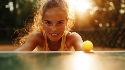 A focused girl with freckles and curly hair serves in table tennis, capturing concentration, sport spirit, and youthful energy outdoors amid natural sunlight glow.