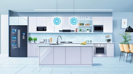 Fototapeta premium A kitchen with a white countertop and a blue heart on the ceiling