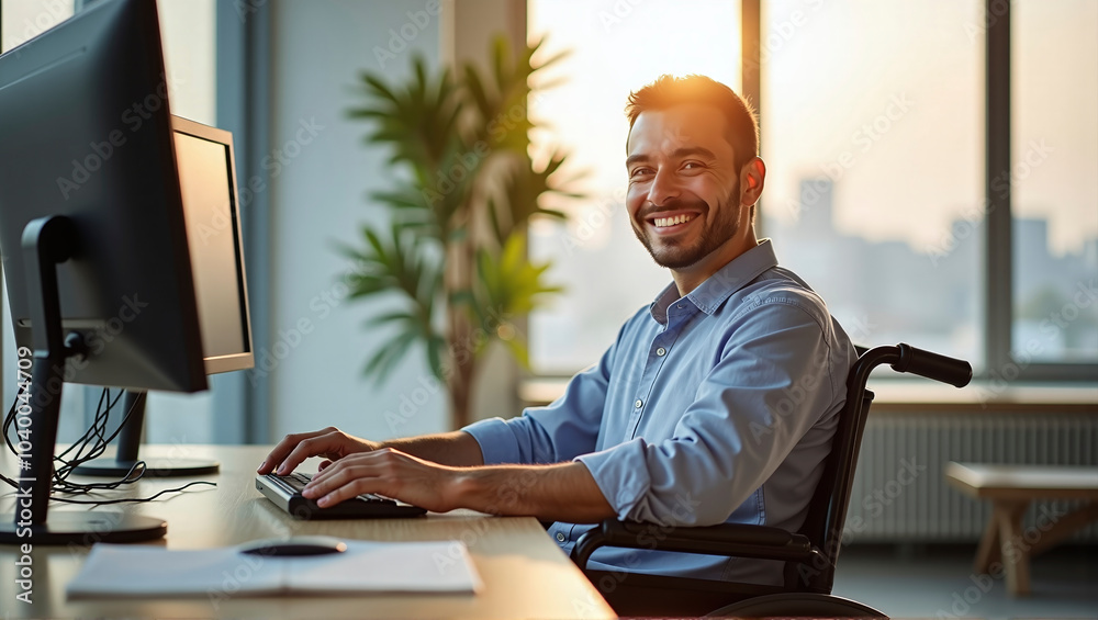 Wall mural smiling person in wheelchair working at office desk in corporate business environment, inclusion - a