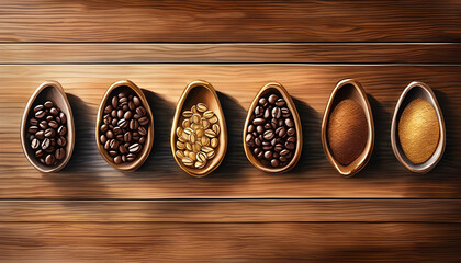 Fototapeta premium Watercolor painting of coffee beans arranged on a light wood background.