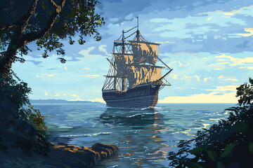 Fototapeta premium Employ pixel art to create a panoramic view of a maritime adventure in a minimalist style Play with unexpected camera angles to give a fresh and dynamic twist to the digital rendering, enticing the vi