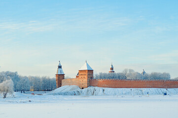 Veliky Novgorod Kremlin fortress standing at the hill in Veliky Novgorod, Russia. Winter sunset...