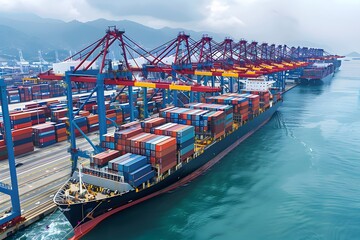 Aerial View of a Busy Container Port with Cargo Ship and Cranes