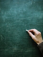  Hand holding white chalk over green chalkboard, representing education, learning, or instruction. The classic setup reflects traditional teaching and academic environments.
