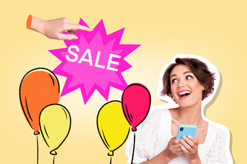 Composite photo collage of happy girl hold phone online shopping order air balloon sale black friday offer isolated on painted background