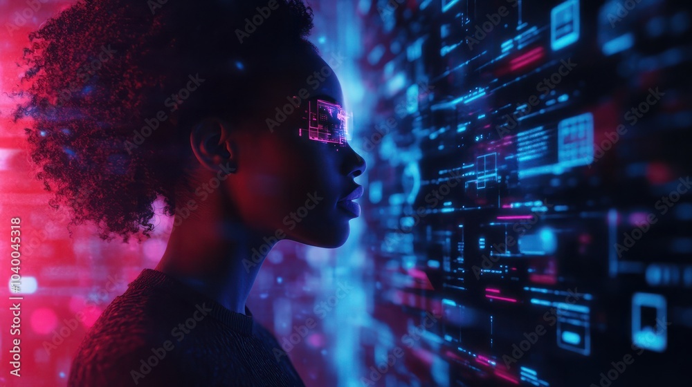 Canvas Prints Futuristic, social network app or woman with tablet hologram of world user data or global analytics. Mobile tech ux, ui or business black woman with web internet, social media and future digital info