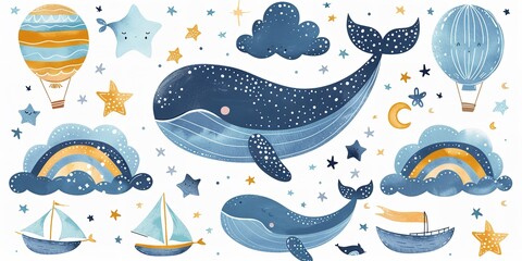 Hand drawn stickers of wheals and clouds rainbows with sun and moons on a clean white surface for printing or poster use an illustrative work, Generative AI.