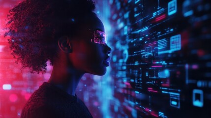 Futuristic, social network app or woman with tablet hologram of world user data or global analytics. Mobile tech ux, ui or business black woman with web internet, social media and future digital info