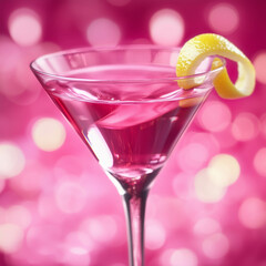 A bright pink Cosmopolitan in a martini glass, garnished with a lemon or lime twist with bokeh background (generative ai)