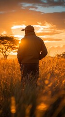 Fototapeta premium Wildlife Enthusiast at Dusk, capturing the essence of nature as golden sunlight fades, surrounded by vibrant landscapes and serene wildlife.