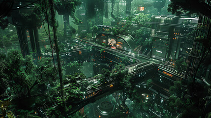 Illustrate a lush futuristic forest teeming with bioluminescent plants, intertwining with sleek metallic structures housing advanced laboratories, using a birds eye view to showcase the juxtaposition