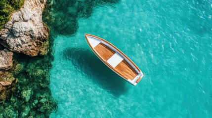 A stylish luxury yacht navigates emerald green waters close to rocky cliffs, presenting a scene of opulence and leisure amidst nature's picturesque landscape.