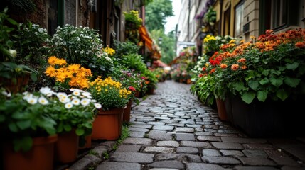 A charming street features vibrant potted flowers lining both sides, showcasing a beautiful array of nature's colors under an overcast sky, creating a delightful urban sight.