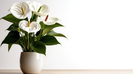 A sleek white pot containing white anthurium flowers with green leaves sits on a wooden surface against a pristine white background, creating a minimalistic statement.
