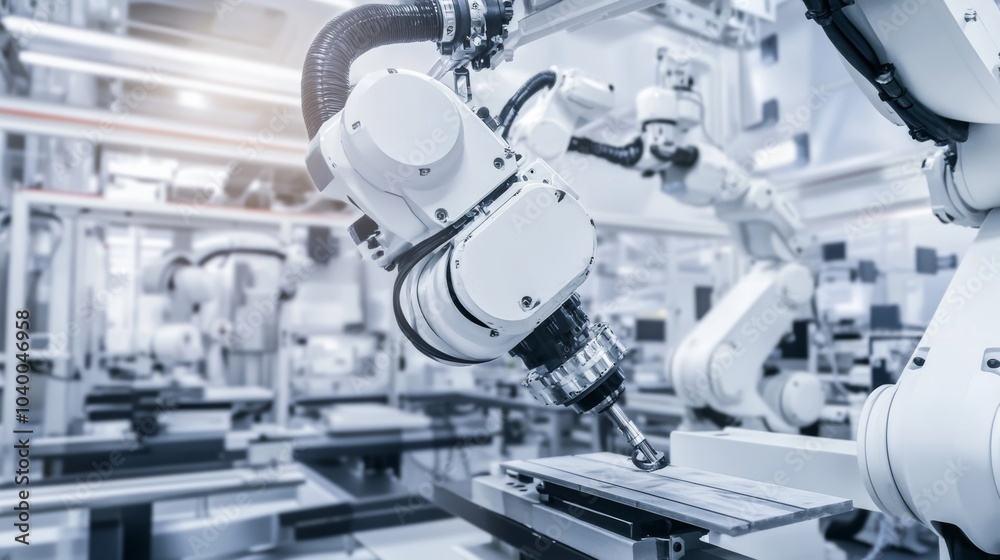 Aufkleber a robot conducting automated paint mixing in a sleek, high-tech paint production lab with clean, org