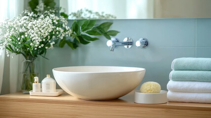 Fototapeta premium Vase with beautiful pink tulips and toiletries near sink in bathroom