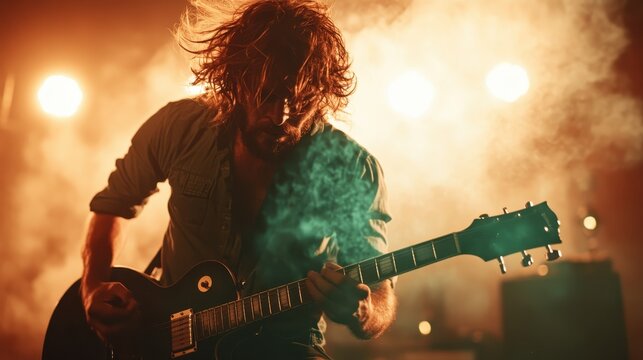 With wild hair flying, a rock guitarist delivers an electrifying performance on stage, engulfed in light and smoke, captivating the audience with raw musical intensity.