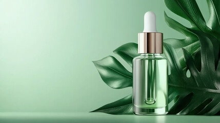 natural herbal cosmetic product for skin care. serum and oil in glass bottles with monstera leaf