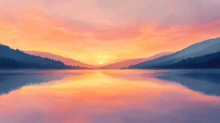 Naklejka premium A view of the lake at sunset, with the sky painted in soft orange and pink, and the still water reflecting the colors of the sky.