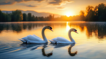 Fototapeta premium beautiful white swan in heart shape on lake in flare light