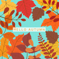 Hello autumn background, with abstract autumn leaves, templates for placards, banners, flyers, presentations, reports, sales, header, cover, social media, fashion ads, decor.