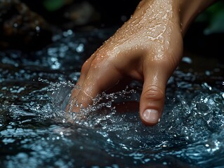 Fototapeta premium A hand reaches into water, creating splashes and reflecting a connection with nature.