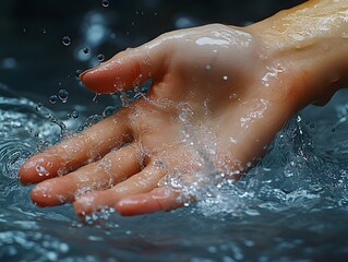 A hand reaching into water, creating splashes and droplets.