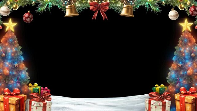 christmas frame with christmas tree, presents gift, bells, candy cane, leafs and light shinning, with transparent background easy to edit