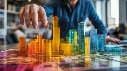 Architect showcases vibrant glass skyscraper design at urban planning conference, innovative urban landscape vision, inspiring future city development