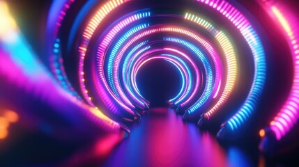 Neon light spiral with vibrant colors twisting into a black void, giving a sense of infinity and depth.