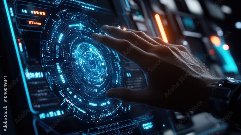 Poster hand touch digital hud interface futuristic technology background of virtual computer screen display