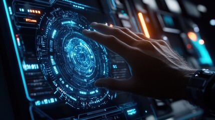 Hand touch digital hud interface futuristic technology background of virtual computer screen display ui future concept or cyber communication hologram and innovation internet system on vr cyberspace.