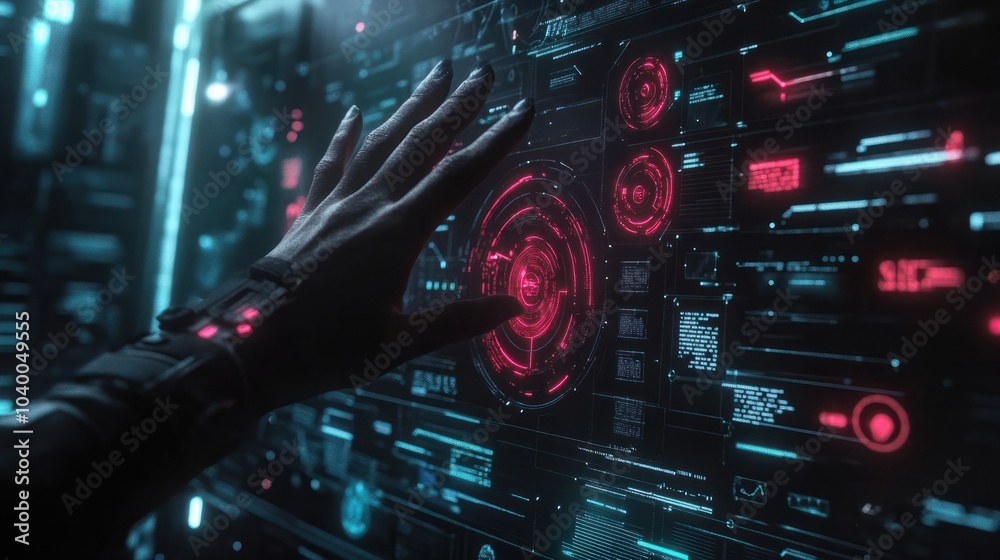 Poster hand touch digital hud interface futuristic technology background of virtual computer screen display