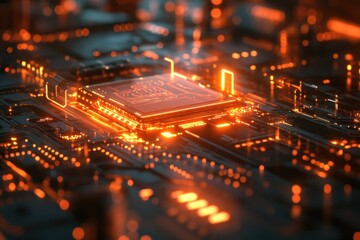 Obraz premium Night close-up of a glowing microprocessor on a circuit board showcasing advanced tech