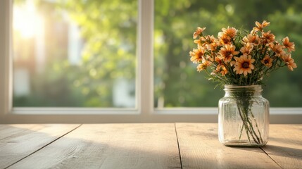 Bright orange flowers are elegantly arranged in a clear glass jar atop a sunlit wooden table, presenting a cozy and inviting vibe next to a lush green window.