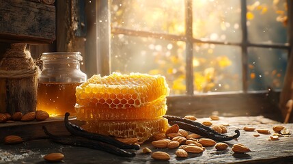 A rustic kitchen scene with honeycomb, almond slices, and vanilla pods arranged on a wooden table, sunlight filtering through a window, the rich,