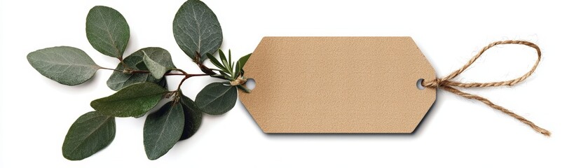 A blank tag with a natural twine loop beside fresh green leaves, ideal for labeling, gifts, and decorative purposes.