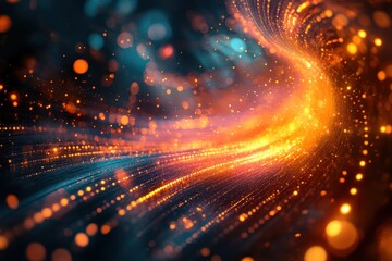 Dynamic patterns of glowing particles weave together in a colorful abstract design